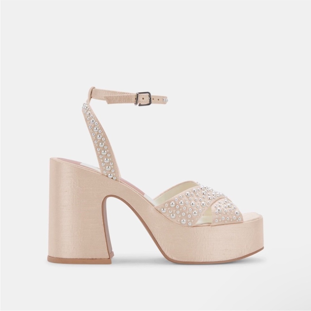 Elegant Beige Platform Heels with Pearl Accents